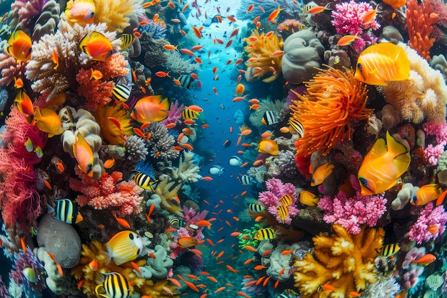 Vibrant Underwater Ecosystem with Tropical Fish and Colorful Coral Reefs in Crystal Clear Blue Water