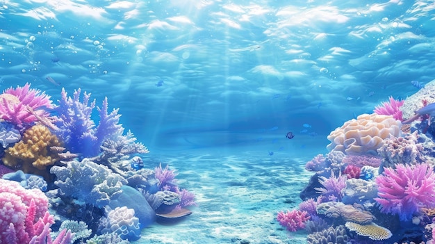 A vibrant underwater scene of a coral reef teeming with diverse marine life illuminated by rays of sunlight piercing the ocean surface