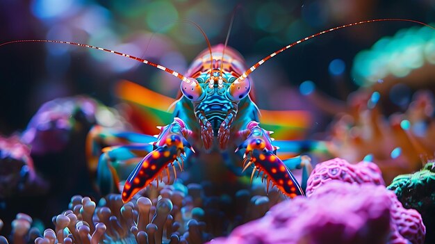 Photo vibrant underwater scene featuring a colorful lobster among coral showcasing marine life in a stunning aquatic habitat