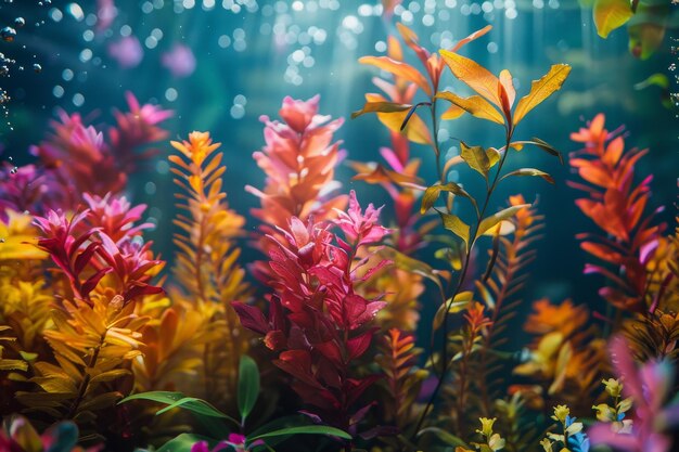 A vibrant underwater scene featuring lush aquatic plants in their natural environment