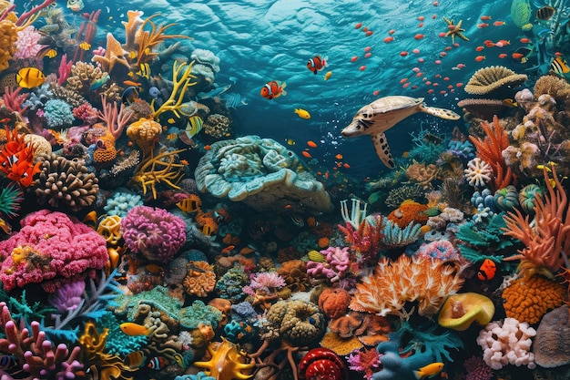 A vibrant underwater scene featuring a turtle swimming amidst colorful corals An underwater playground full of vibrant sea creatures AI Generated