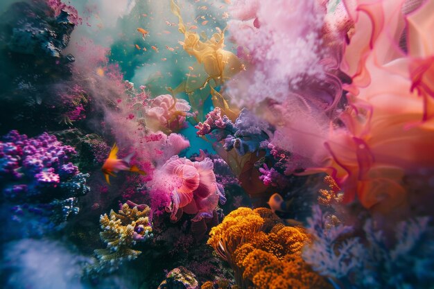 Photo vibrant underwater scene showcasing colorful coral formations and ethereal marine life amidst soft flowing water