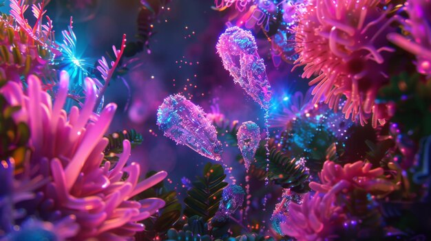 Photo vibrant underwater scene showcasing colorful corals and jellyfish illuminated by soft lights creating a magical oceanic atmosphere