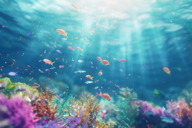 A Vibrant Underwater Scene Teeming with Colorful Marine Life and Corals