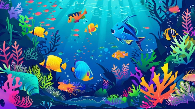 Vibrant Underwater Scene with Colorful Fish and Coral