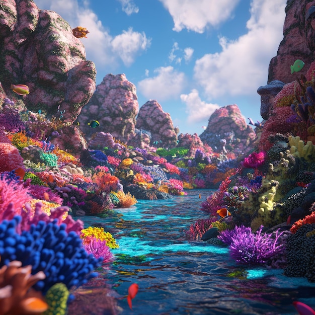 Photo a vibrant underwater scene with a narrow channel flowing through a colorful coral reef with fish swimming in the clear water