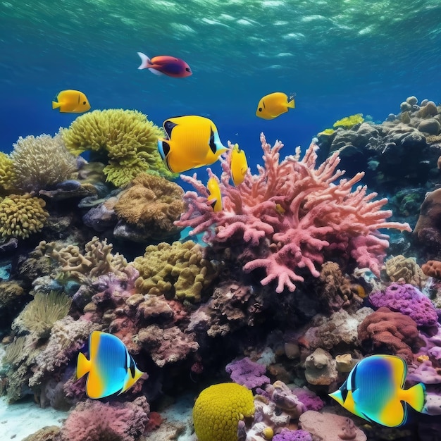 Vibrant Underwater Scene With Tropical Fish Near Coral Reef in Daylight