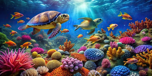 Vibrant underwater world teeming with colorful coral sea turtles and tropical fish ocean