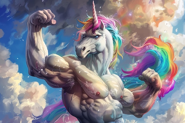 Vibrant unicorn mascot flexing with dynamic energy in swirling cloudscape