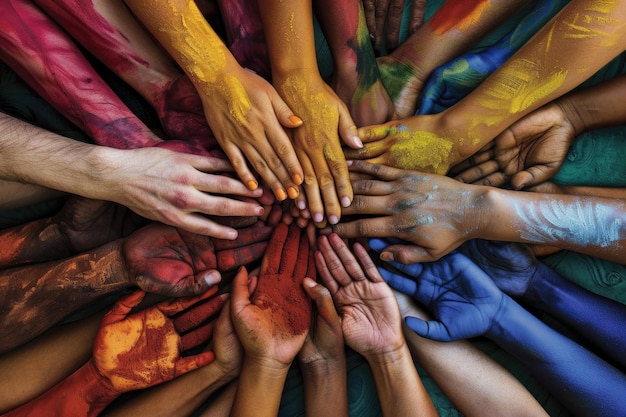 Photo vibrant unity diverse hands in colorful paint celebrating teamwork and inclusion