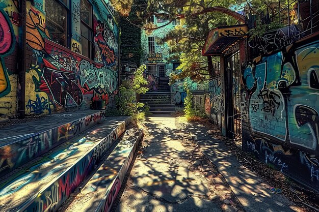 Photo vibrant urban alleyway adorned with colorful graffiti dappled sunlight through trees perfect for artistic urban photography