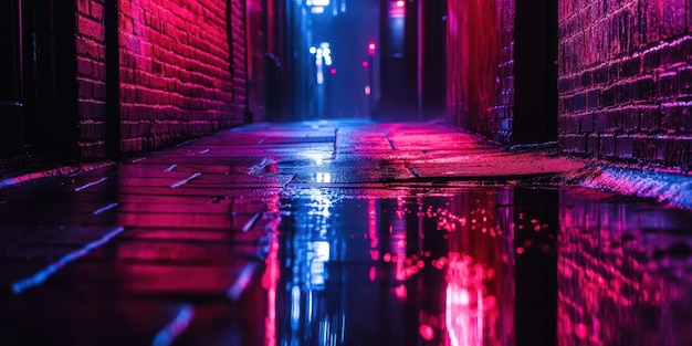 Photo a vibrant urban alleyway illuminated by neon lights reflecting a moody atmosphere on wet pavement