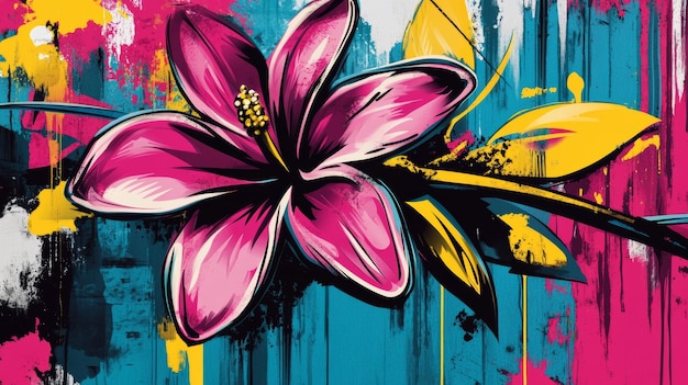 Photo in a vibrant urban art style colorful flower patterns are displayed with geometric patterns