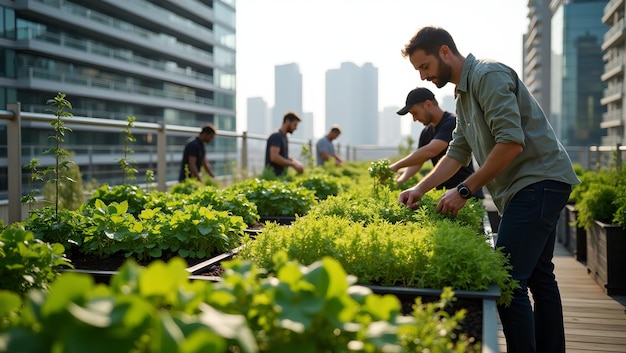 Photo vibrant urban garden on rooftop with diverse group of people tending to lush green plants highquality professional photo