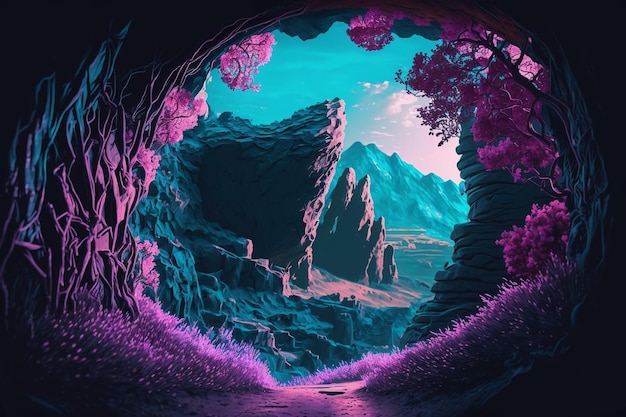 vibrant vaporwave cavern entrance in the mountains