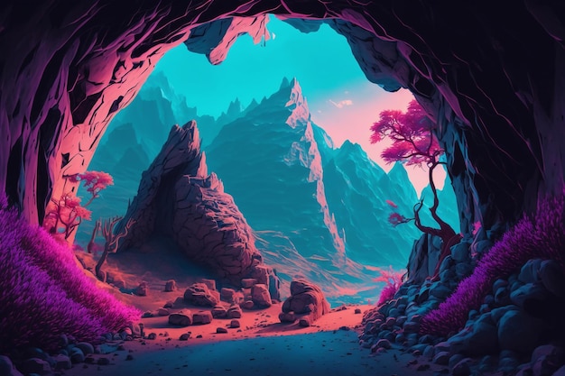 vibrant vaporwave cavern entrance in the mountains