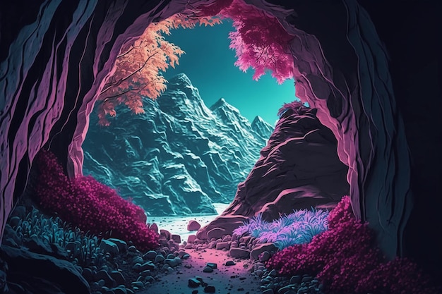 vibrant vaporwave cavern entrance in the mountains