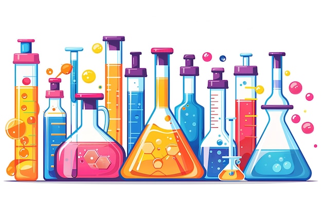 Vibrant Vector Flat Design of Laboratory Equipment Colorful Test Tubes and Flasks for Scientific Di