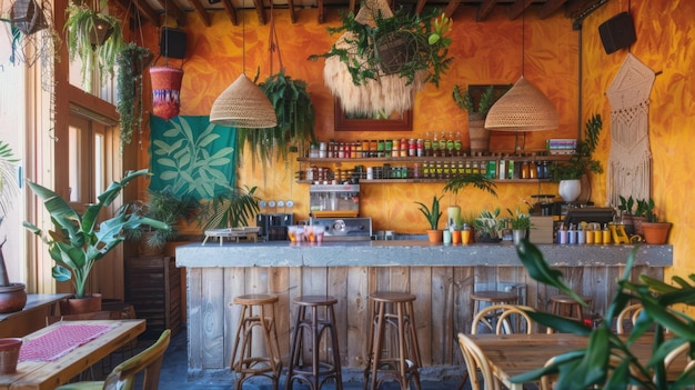 A vibrant vegan cafe features rustic wooden furniture hanging plants and colorful decor bathed in