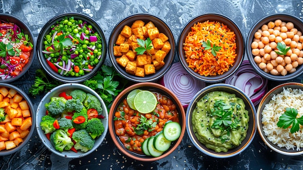 Photo vibrant vegan delights colorful plantbased meals on pastel background