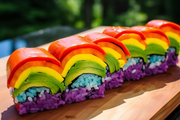 A vibrant vegan rainbow sushi roll with avocado an vegan food photos 624jpg