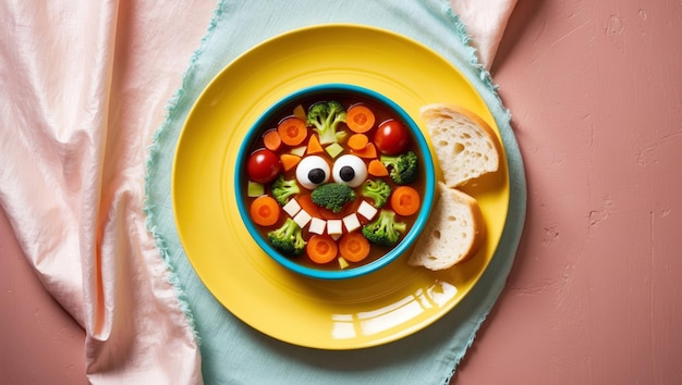 A vibrant vegetable arrangement forms a cheerful smiling face with fresh ingredients