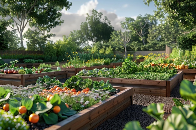 Vibrant Vegetable Garden in Raised Wooden Beds