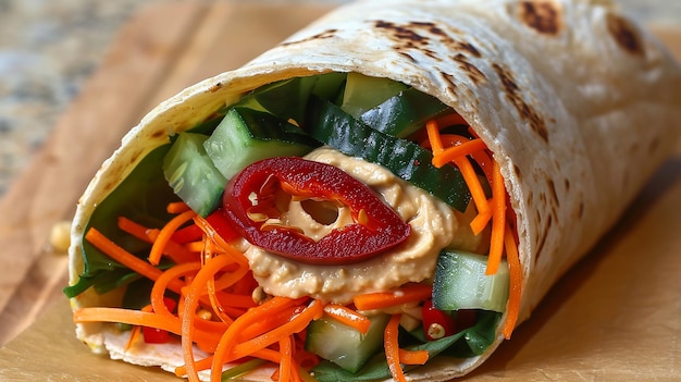 Photo vibrant veggie wrap filled with hummus cucumbers and greens