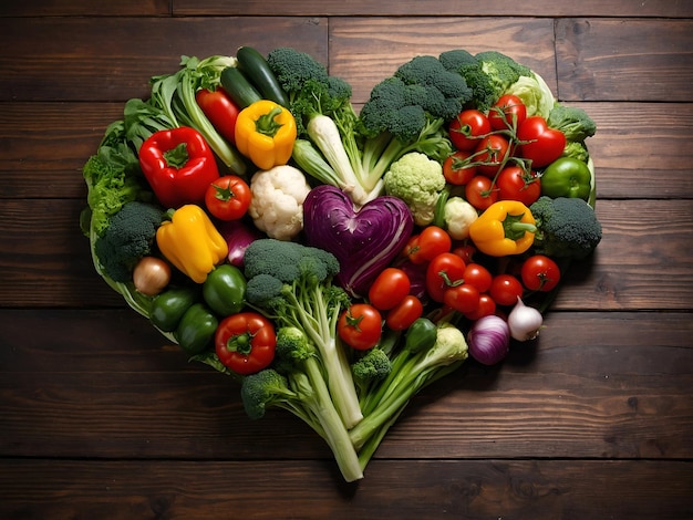 Vibrant veggies are arranged in heart design on table