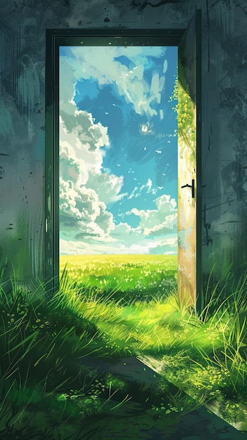 A vibrant view of a lush field through an open door under a clear blue sky Generate AI