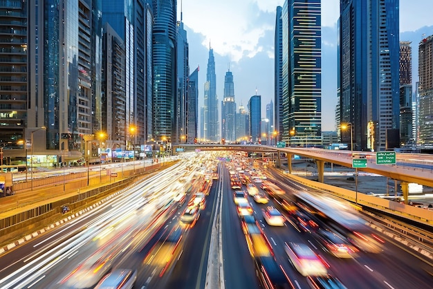 Photo a vibrant view of sheikh zayed road bustling with traffic showcasing dynamic energy of dubais skyline at dusk illuminated skyscrapers create stunning backdrop