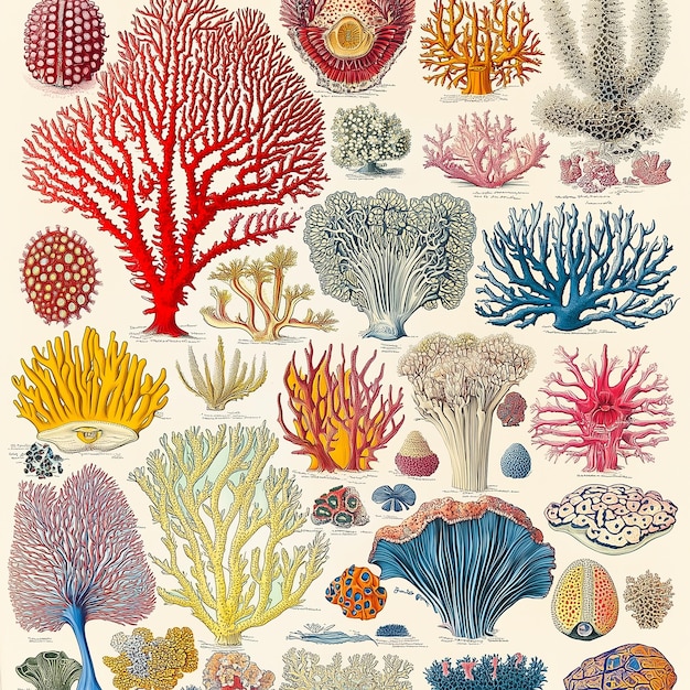 Photo vibrant vintage illustration of diverse coral reef species