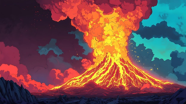 A vibrant volcanic eruption with flowing lava and billowing smoke against a colorful sky