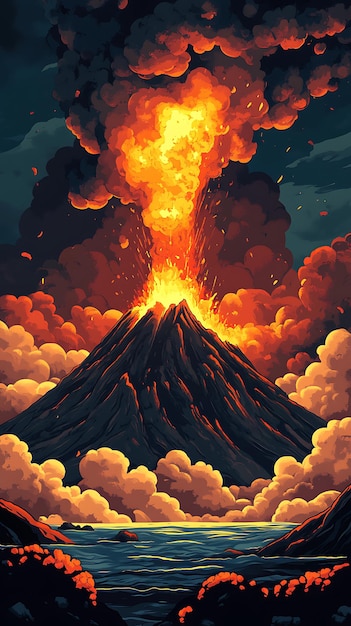 A vibrant volcanic eruption with flowing lava and dark clouds showcasing nature39s power