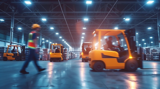 Vibrant Warehouse Atmosphere Forklifts Pallets and Blurred Worker Amidst Bright Indoor Lighting