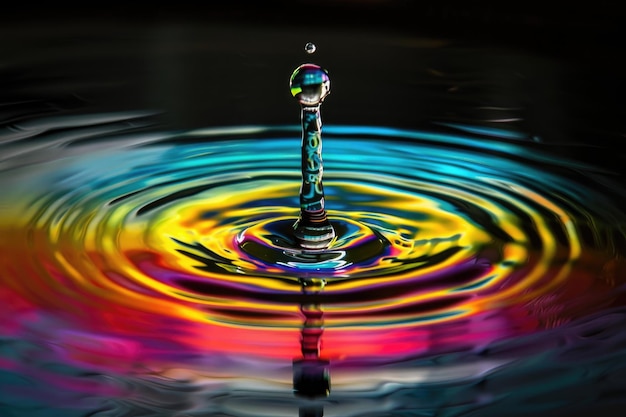 Vibrant Water Droplet Reflecting a Spectrum of Colors Creating a Stunning Visual Effect