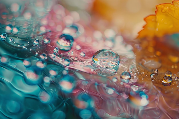 Vibrant water droplets on colorful surface