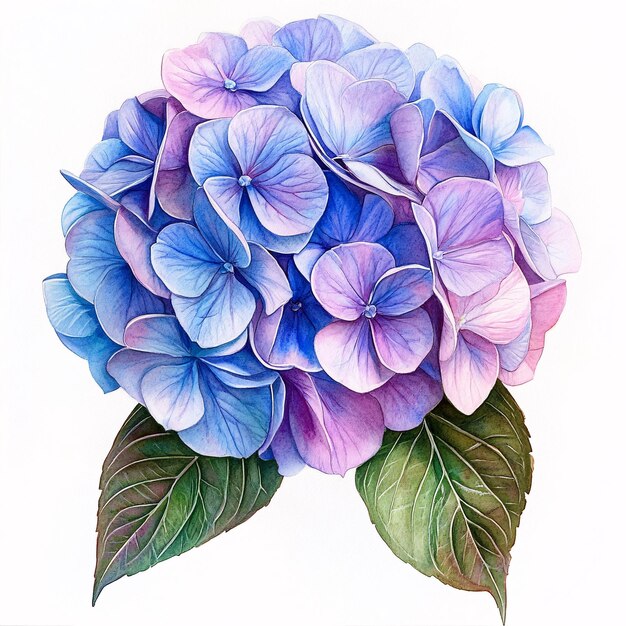 Vibrant Watercolor Botanical Illustration of Hydrangea Flowers with Delicate Petals on Whi