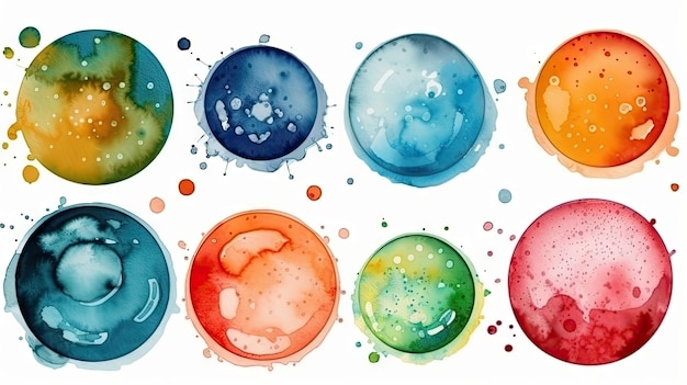 Vibrant Watercolor Circle Stains and Drops on Transparent Background