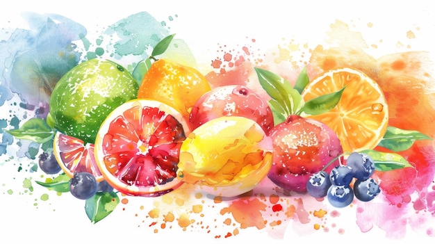 Vibrant Watercolor Citrus and Berry Medley A colorful watercolor illustration of citrus fruit