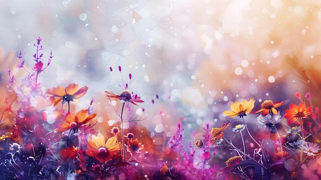 Photo vibrant watercolor field of blooming wildflowers in ethereal lighting