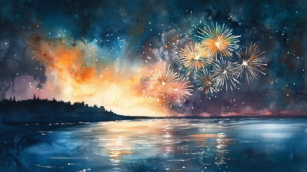 Vibrant Watercolor Fireworks Over Calm Ocean at Night