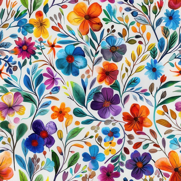 Vibrant Watercolor Floral Pattern With Blue Orange and Purple Flowers