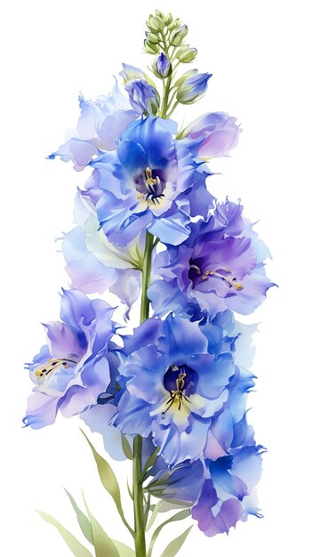 Vibrant watercolor illustration of blue and purple delphinium flowers in full bloom