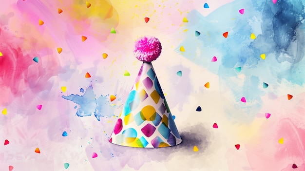 Photo a vibrant watercolor illustration of a colorful birthday party hat surrounded by confetti and bright splashes of paint capturing the festive and joyful spirit of celebrations