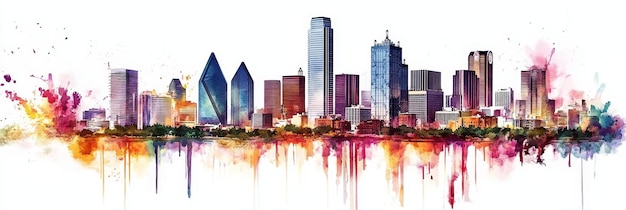 Photo a vibrant watercolor illustration of the dallas skyline featuring iconic buildings like reunio