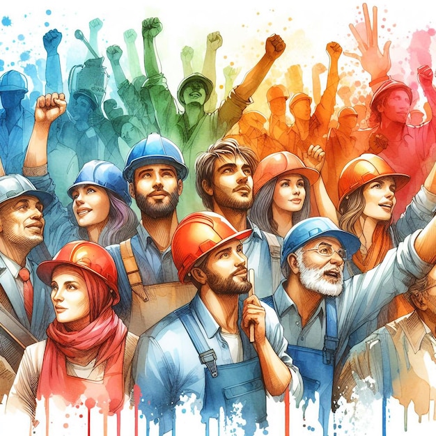 Vibrant watercolor illustration of a diverse group of workers celebrating Labor Day