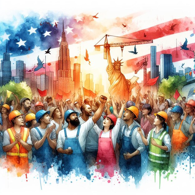 Vibrant watercolor illustration of a diverse group of workers celebrating Labor Day