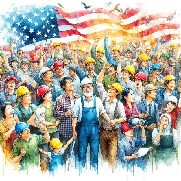 Vibrant watercolor illustration of a diverse group of workers celebrating Labor Day