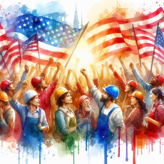 Vibrant watercolor illustration of a diverse group of workers celebrating Labor Day